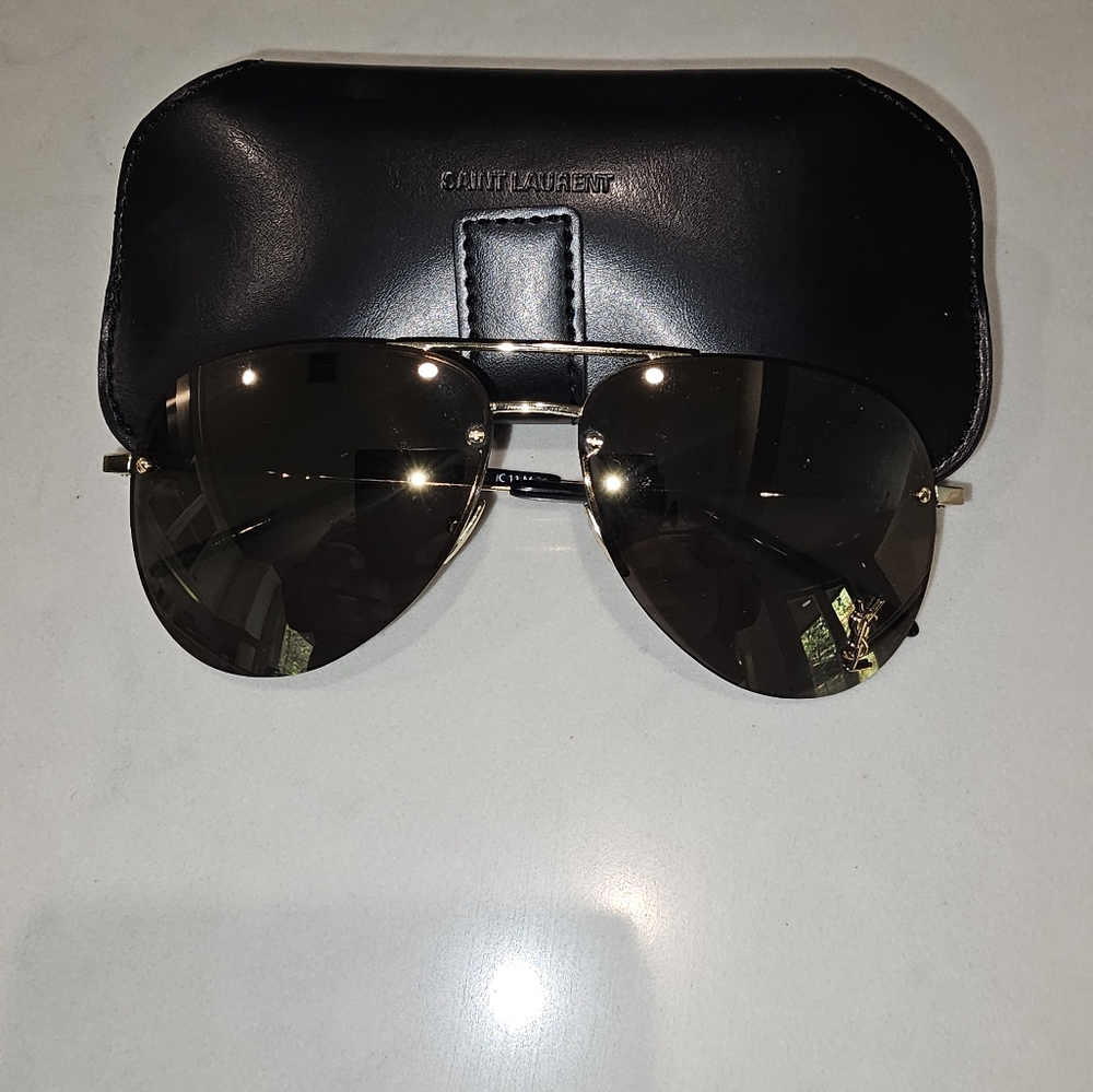 Saint Laurent Classic 11M Gold with Bronze Lenses YSL Monogram Aviator Sunglasse